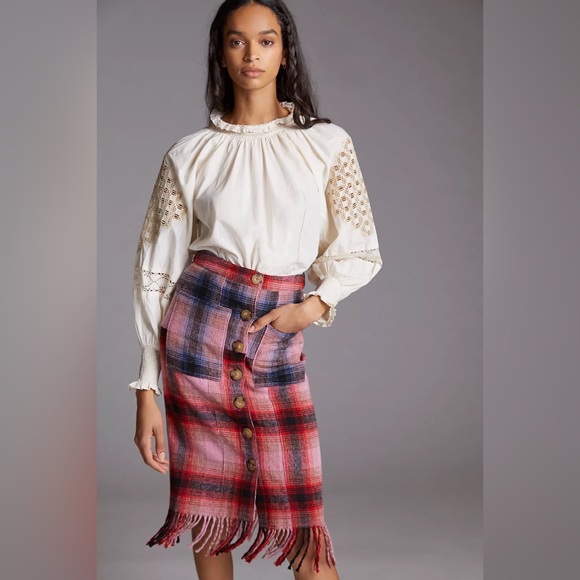 Anthropologie | Maeve Fringed Midi Skirt Plaid Pink Buttondown Christmas New 6 - Picture 7 of 15